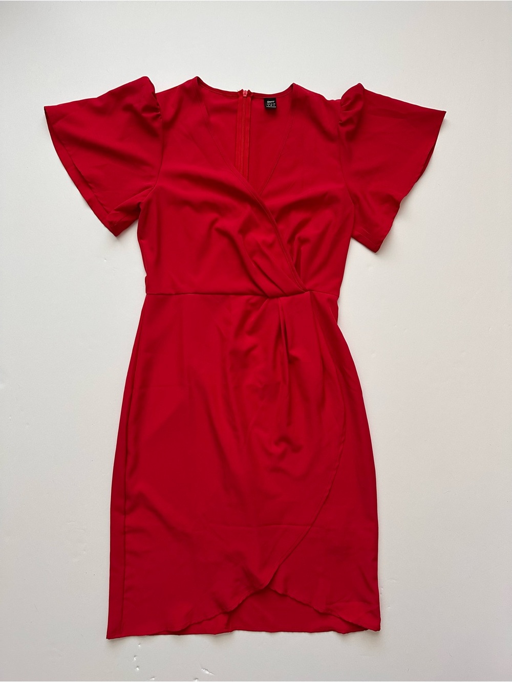 Red Wrap-Front Mini Dress with Flutter Sleeves